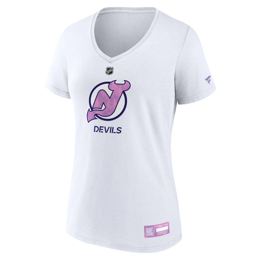 NHL New Jersey Devils Fanatics Women's 2024 Hockey Fights Cancer V-Neck T-Shirt