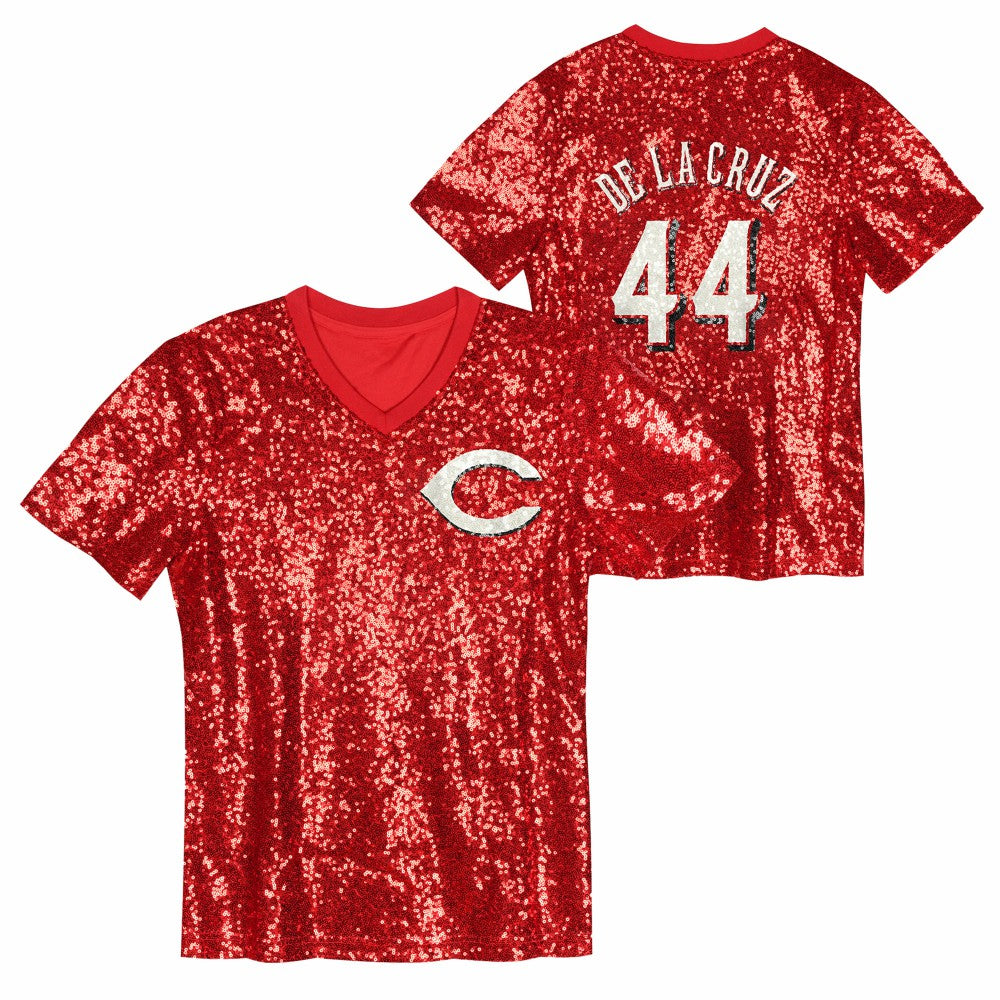 Red Elly De La Cruz Cincinnati Reds Juniors Name & Number Sequin V-Neck Top