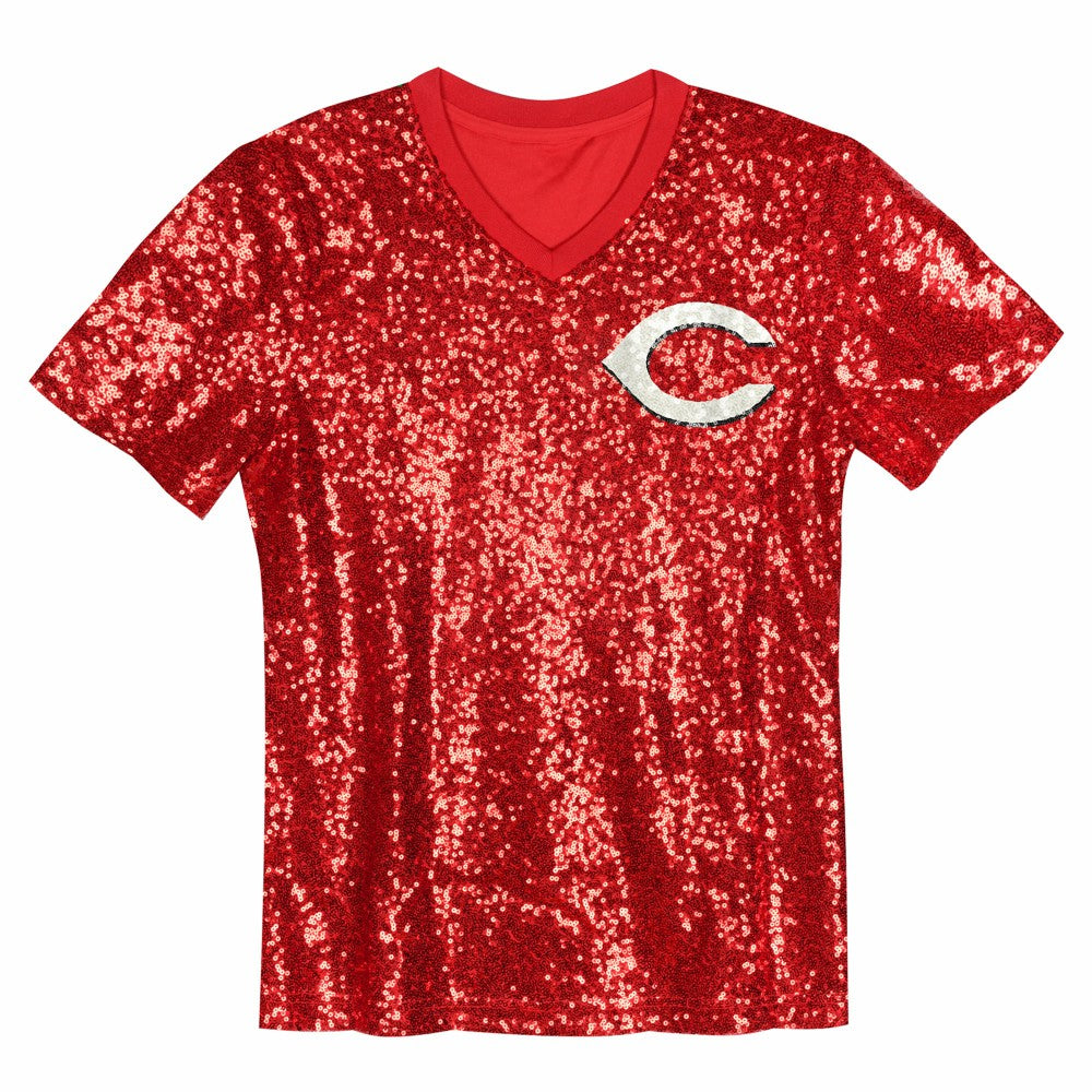 Red Elly De La Cruz Cincinnati Reds Juniors Name & Number Sequin V-Neck Top