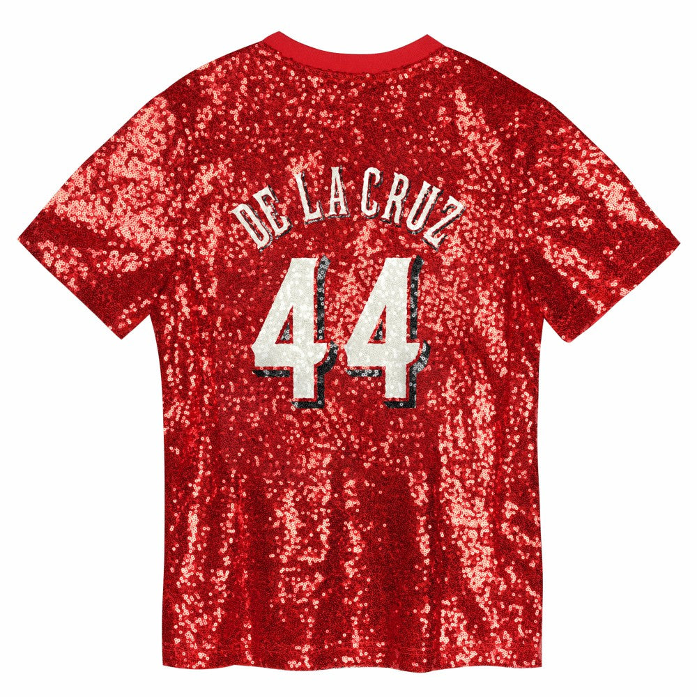 Red Elly De La Cruz Cincinnati Reds Juniors Name & Number Sequin V-Neck Top