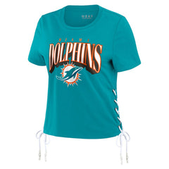 WEAR by Erin Andrews Women's Lace Up Side Modest Cropped T-Shirt - Miami Dolphins T-shirts