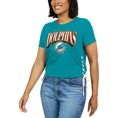 WEAR by Erin Andrews Women's Lace Up Side Modest Cropped T-Shirt - Miami Dolphins T-shirts