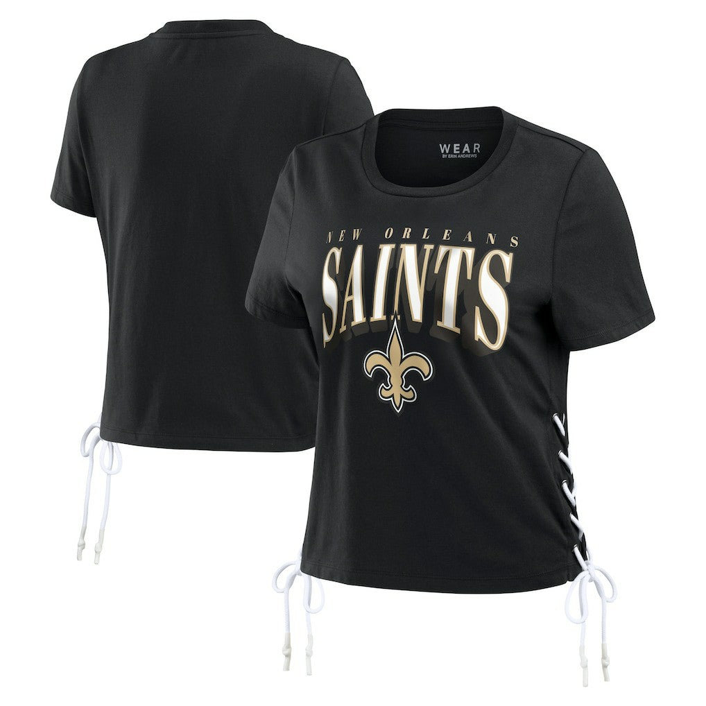 WEAR by Erin Andrews Women's Lace Up Side Modest Cropped T-Shirt - New Orleans Saints T-shirts
