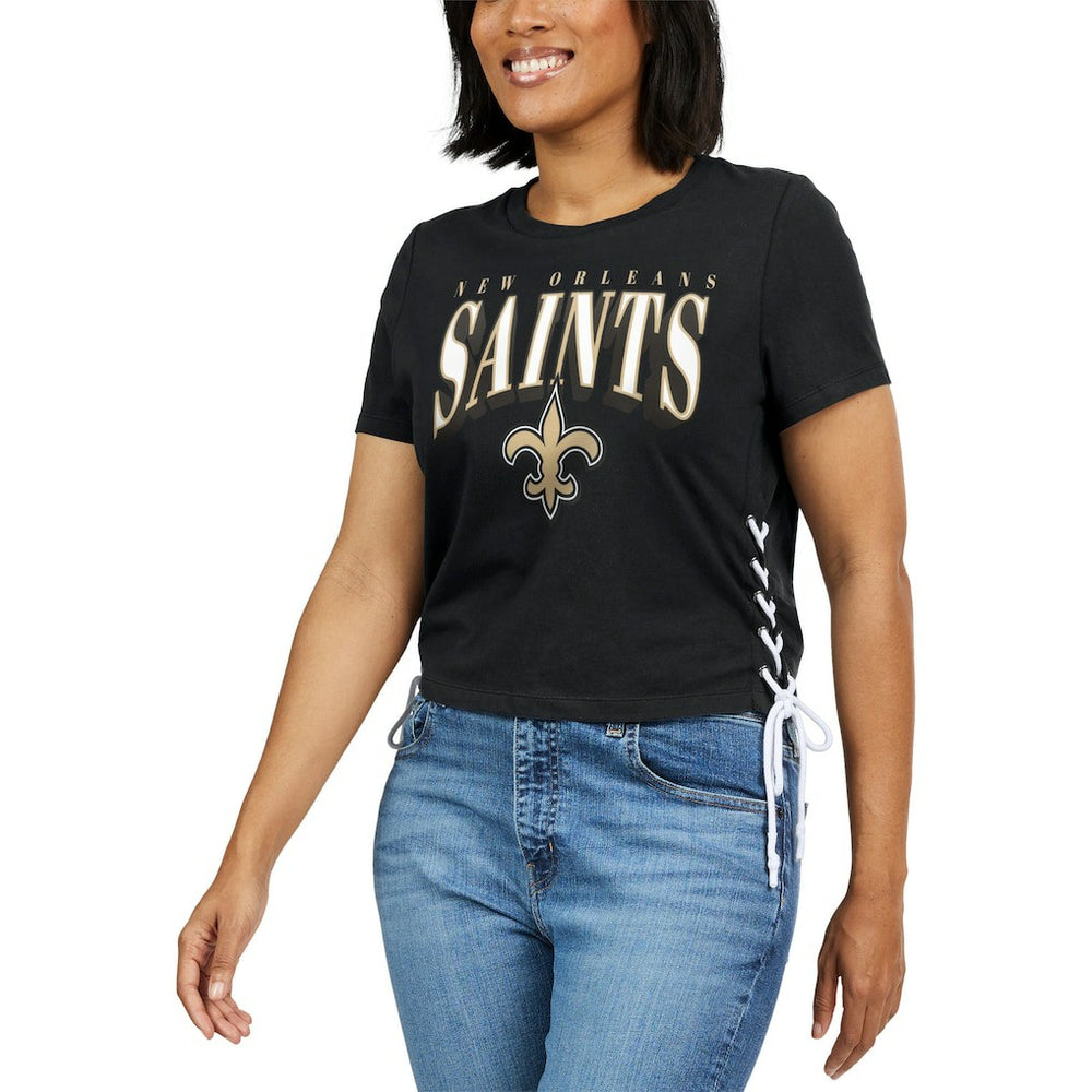 WEAR by Erin Andrews Women's Lace Up Side Modest Cropped T-Shirt - New Orleans Saints T-shirts