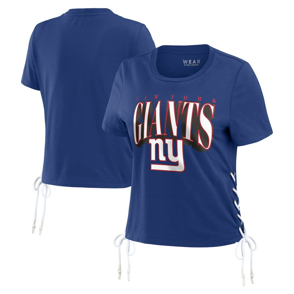 WEAR by Erin Andrews Women's Lace Up Side Modest Cropped T-Shirt - New York Giants T-shirts