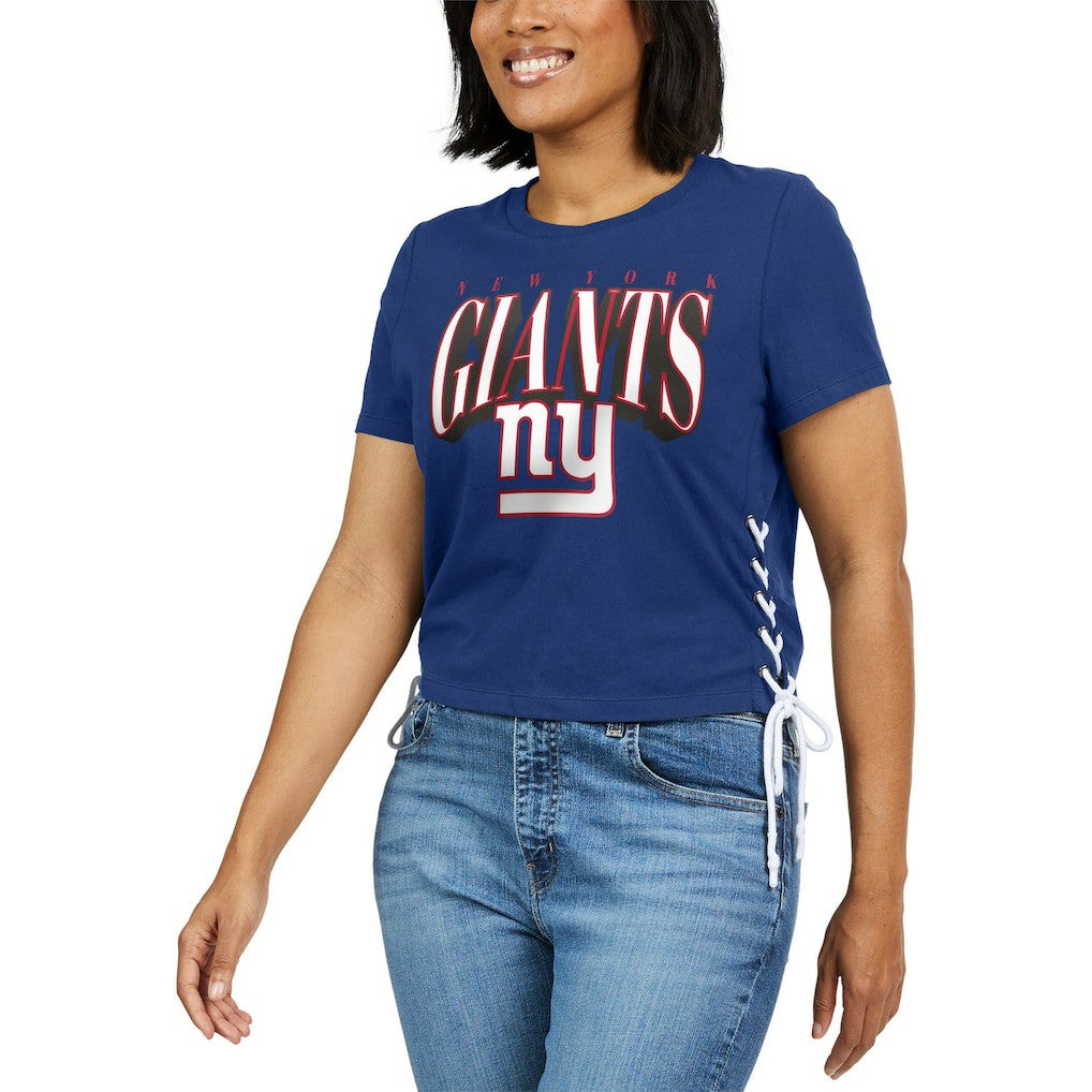 WEAR by Erin Andrews Women's Lace Up Side Modest Cropped T-Shirt - New York Giants T-shirts