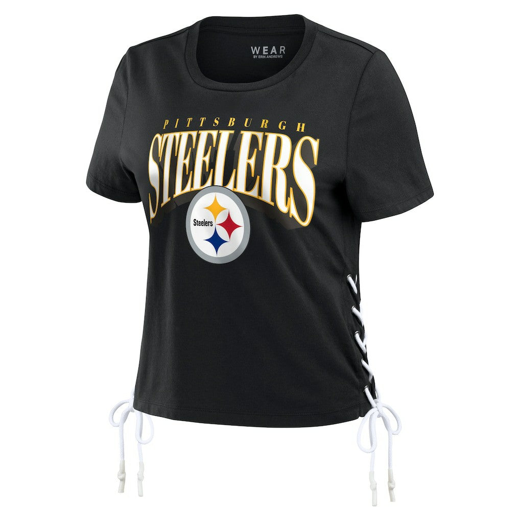 WEAR by Erin Andrews Women's Lace Up Side Modest Cropped T-Shirt - Pittsburgh Steelers T-shirts