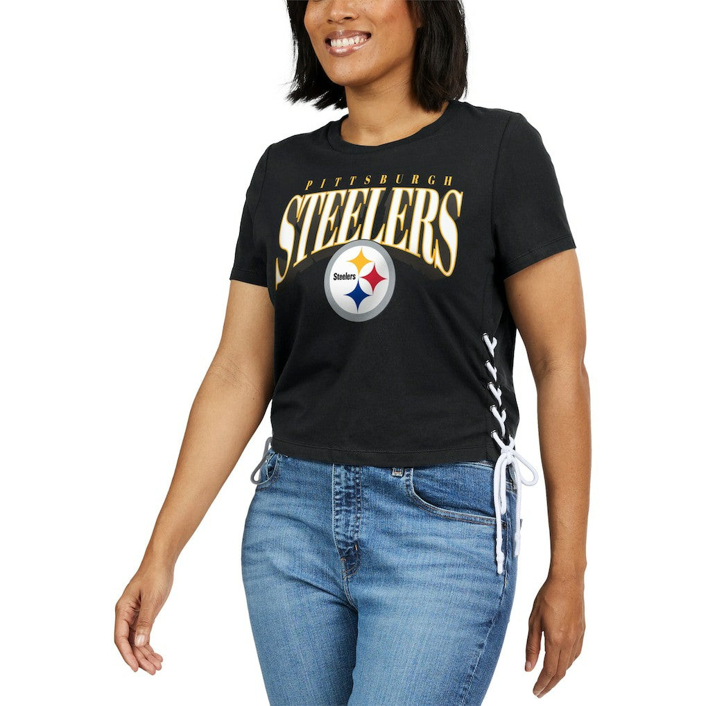 WEAR by Erin Andrews Women's Lace Up Side Modest Cropped T-Shirt - Pittsburgh Steelers T-shirts