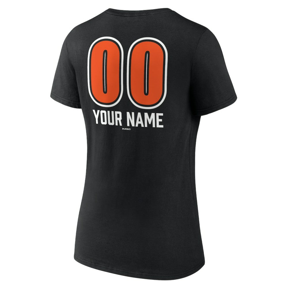 Black Baltimore Orioles Women's Personalized Name & Number Fastball V-Neck T-Shirt