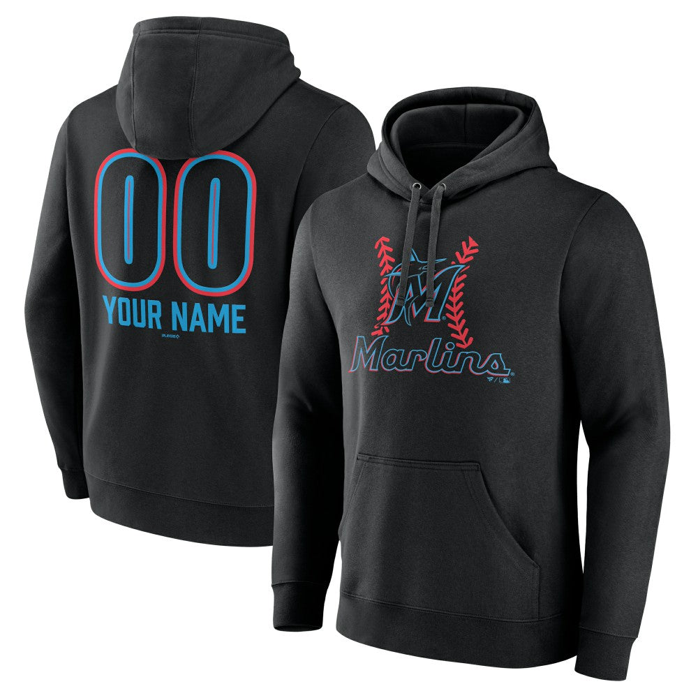 Black Miami Marlins Personalized Name & Number Fastball Pullover Hoodie