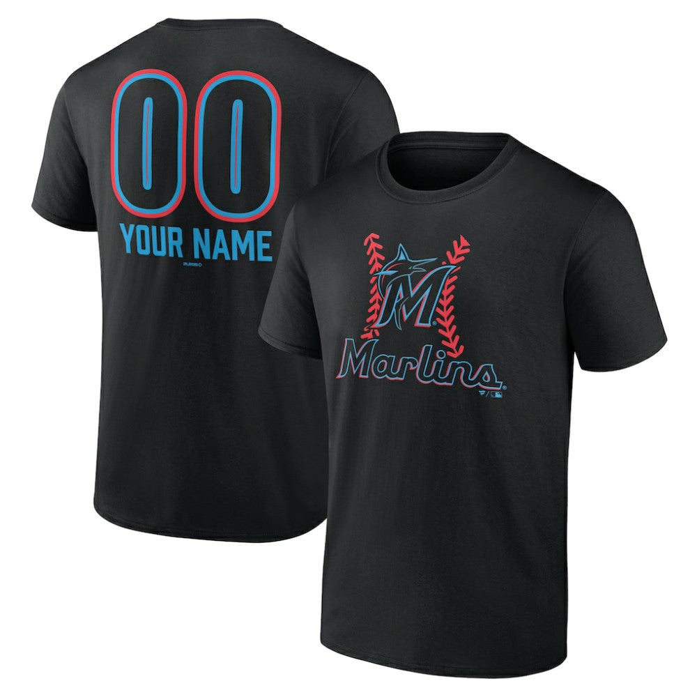 Black Miami Marlins Personalized Name & Number Fastball T-Shirt