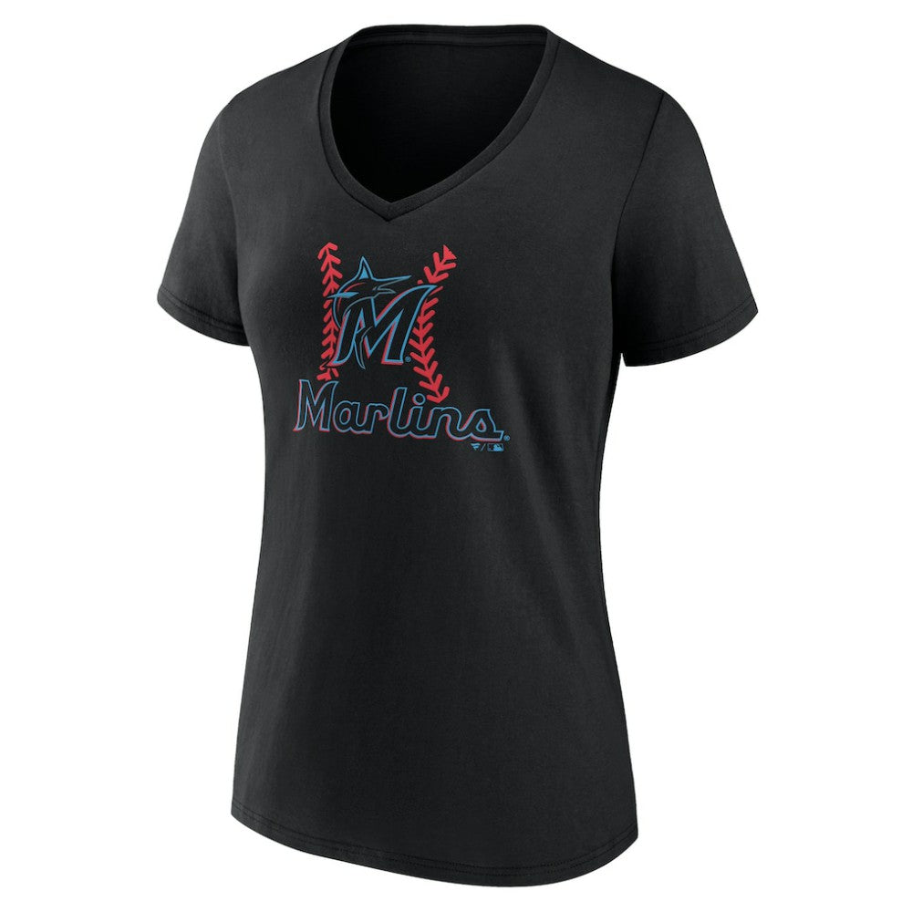 Black Miami Marlins Women's Personalized Name & Number Fastball V-Neck T-Shirt