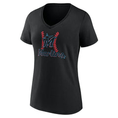 Black Miami Marlins Women's Personalized Name & Number Fastball V-Neck T-Shirt