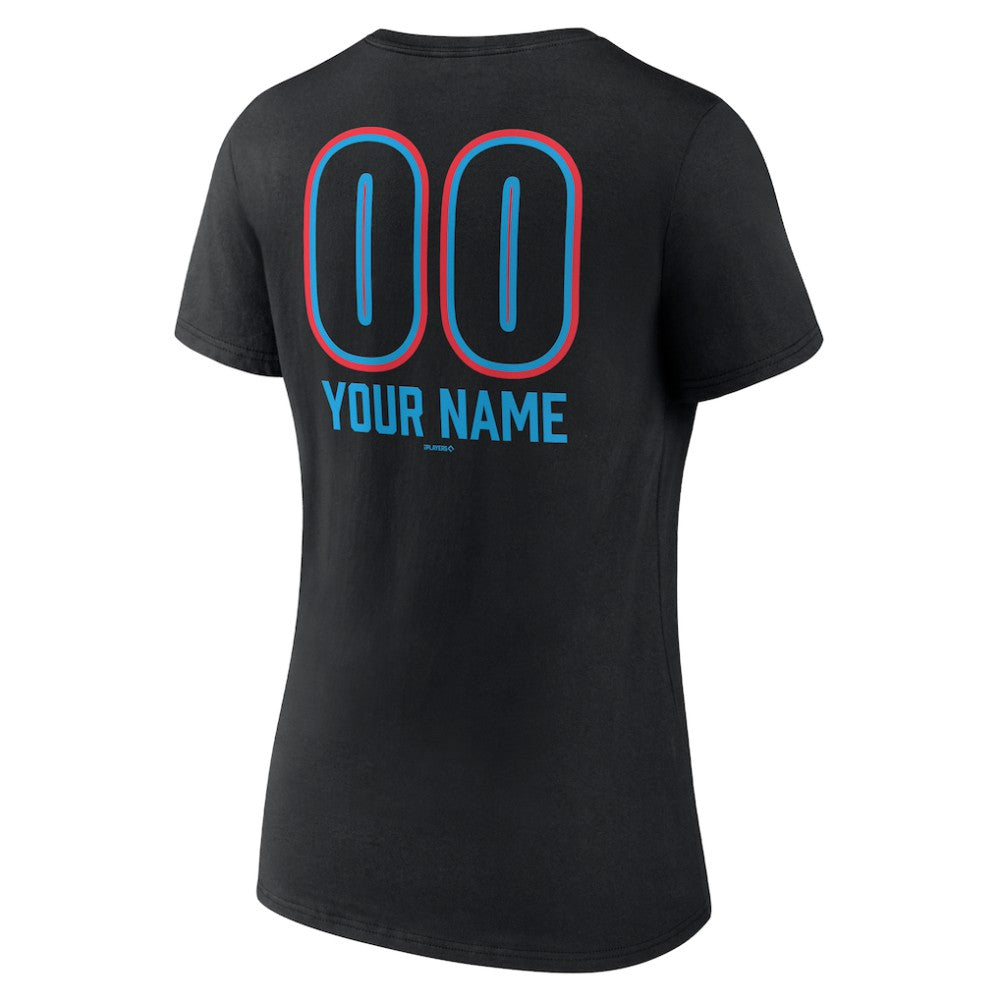 Black Miami Marlins Women's Personalized Name & Number Fastball V-Neck T-Shirt