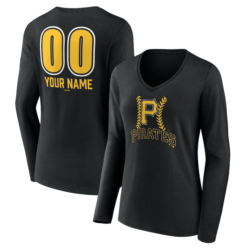 Black Pittsburgh Pirates Women's Personalized Name & Number Fastball Long Sleeve V-Neck T-Shirt