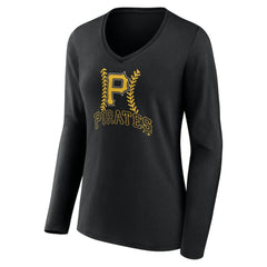 Black Pittsburgh Pirates Women's Personalized Name & Number Fastball Long Sleeve V-Neck T-Shirt
