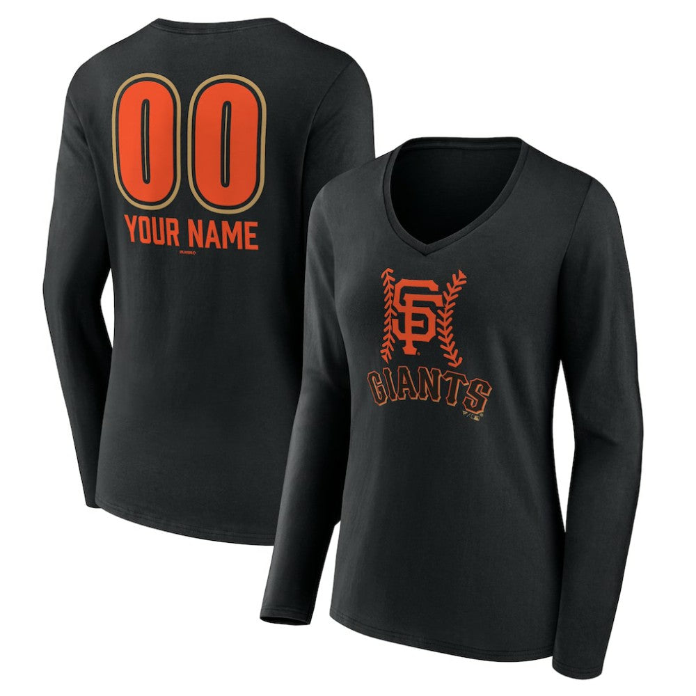 Black San Francisco Giants Women's Personalized Name & Number Fastball Long Sleeve V-Neck T-Shirt