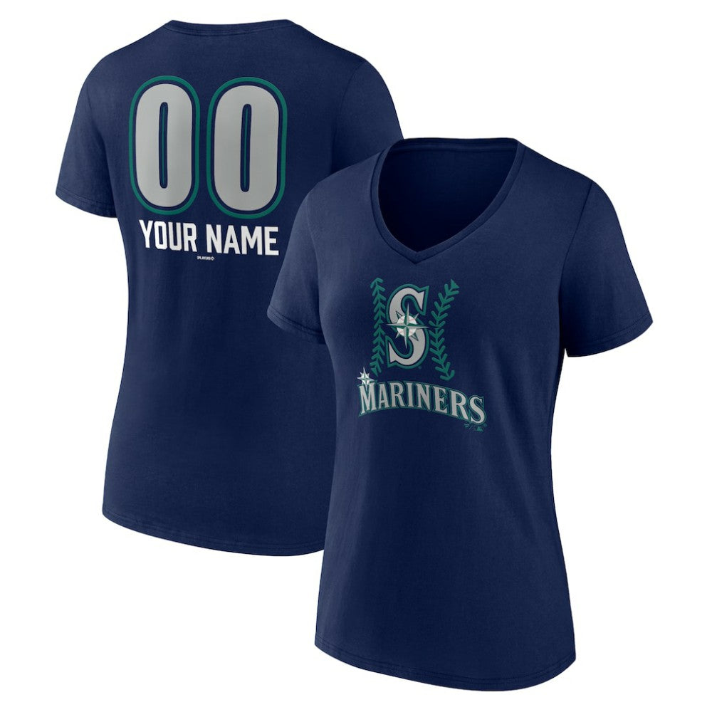 Navy Seattle Mariners Women's Personalized Name & Number Fastball V-Neck T-Shirt