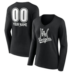 Black Los Angeles Dodgers Women's Personalized Name & Number Fastball Long Sleeve V-Neck T-Shirt
