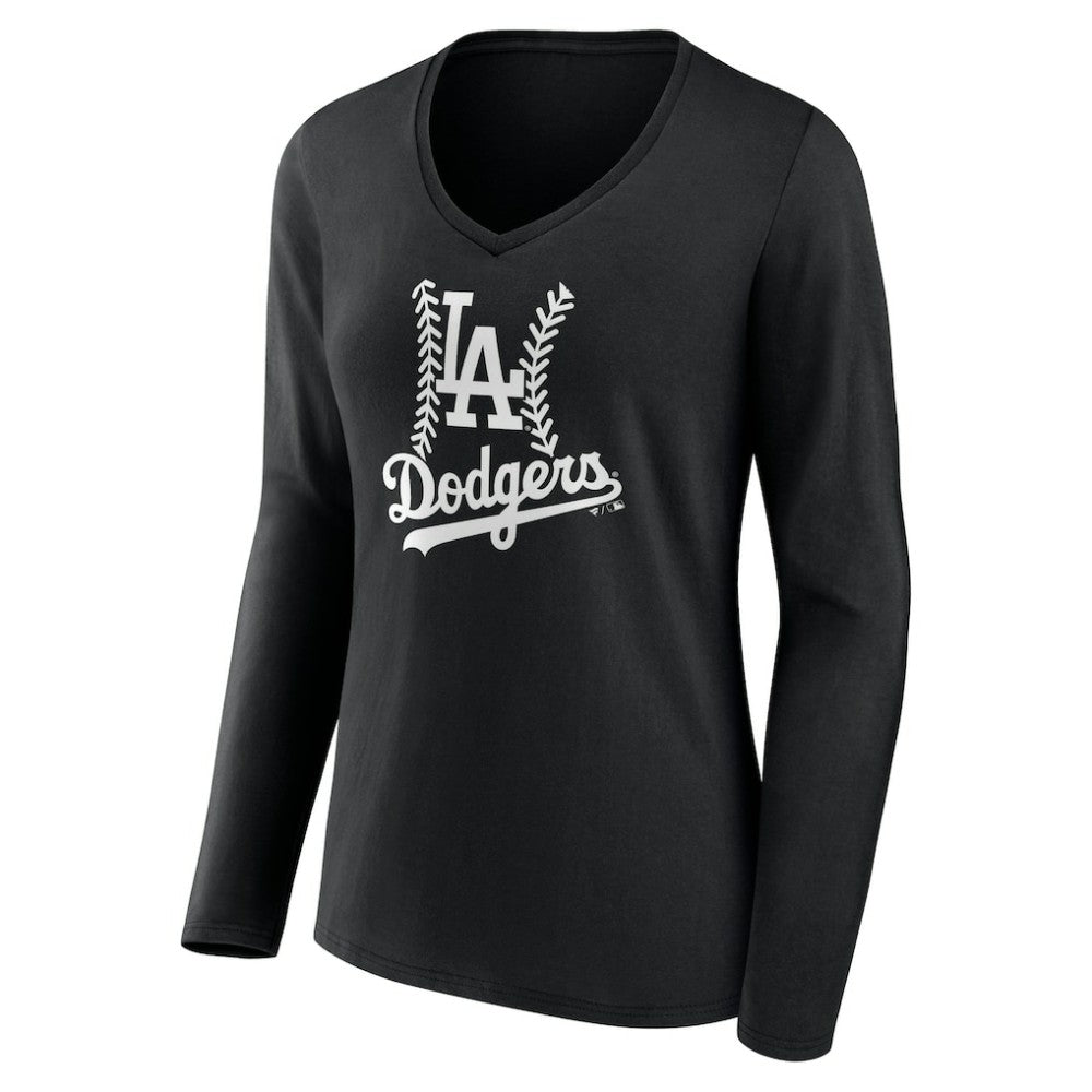 Black Los Angeles Dodgers Women's Personalized Name & Number Fastball Long Sleeve V-Neck T-Shirt