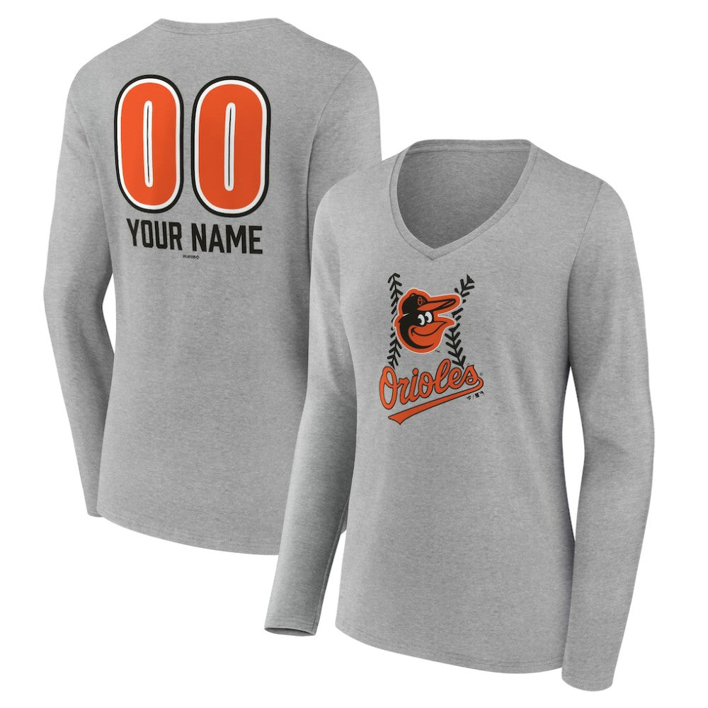 Gray Baltimore Orioles Women's Personalized Name & Number Fastball Long Sleeve V-Neck T-Shirt
