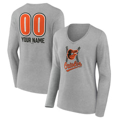 Gray Baltimore Orioles Women's Personalized Name & Number Fastball Long Sleeve V-Neck T-Shirt