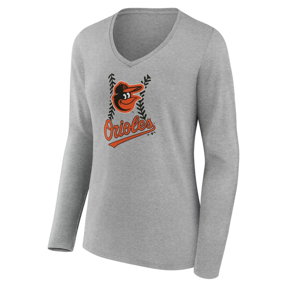 Gray Baltimore Orioles Women's Personalized Name & Number Fastball Long Sleeve V-Neck T-Shirt
