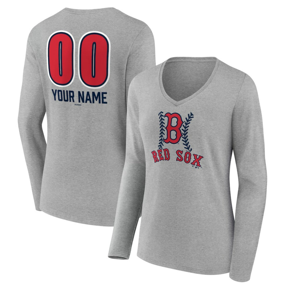Gray Boston Red Sox Women's Personalized Name & Number Fastball Long Sleeve V-Neck T-Shirt