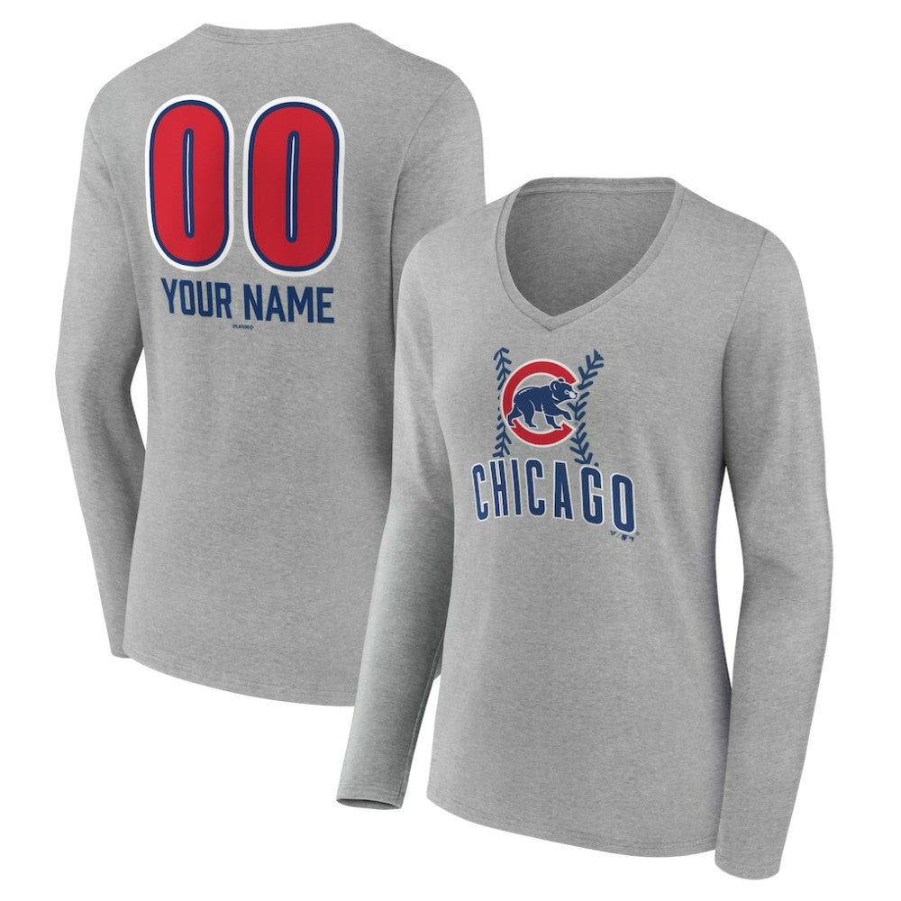 Gray Chicago Cubs Women's Personalized Name & Number Fastball Long Sleeve V-Neck T-Shirt