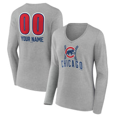 Gray Chicago Cubs Women's Personalized Name & Number Fastball Long Sleeve V-Neck T-Shirt