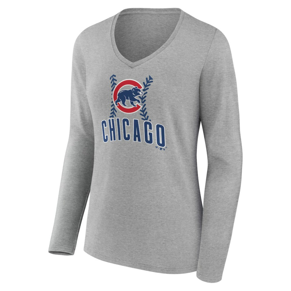 Gray Chicago Cubs Women's Personalized Name & Number Fastball Long Sleeve V-Neck T-Shirt