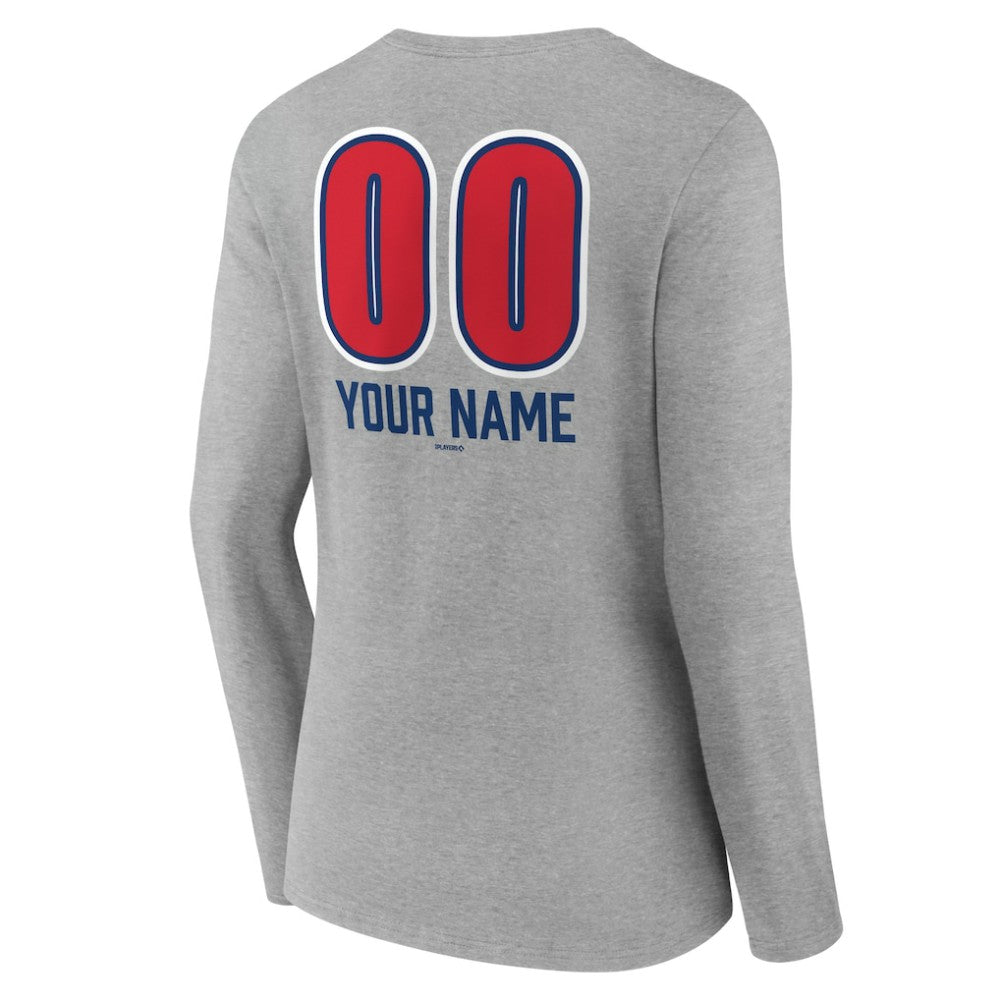 Gray Chicago Cubs Women's Personalized Name & Number Fastball Long Sleeve V-Neck T-Shirt