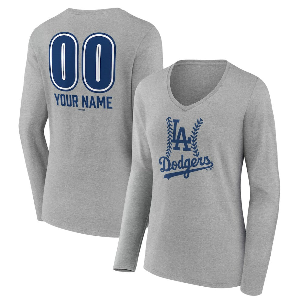 Gray Los Angeles Dodgers Women's Personalized Name & Number Fastball Long Sleeve V-Neck T-Shirt