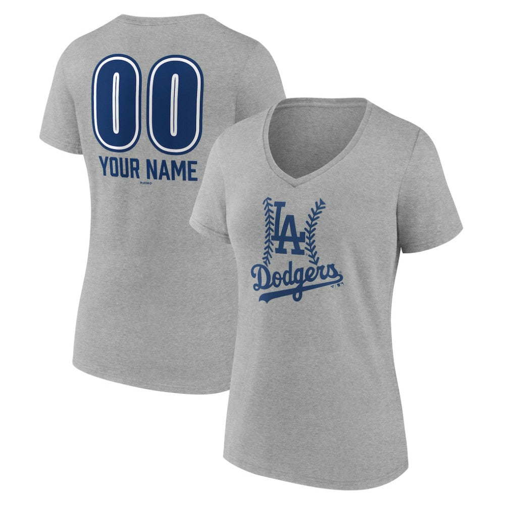 Gray Los Angeles Dodgers Women's Personalized Name & Number Fastball V-Neck T-Shirt