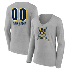 Gray Milwaukee Brewers Women's Personalized Name & Number Fastball Long Sleeve V-Neck T-Shirt