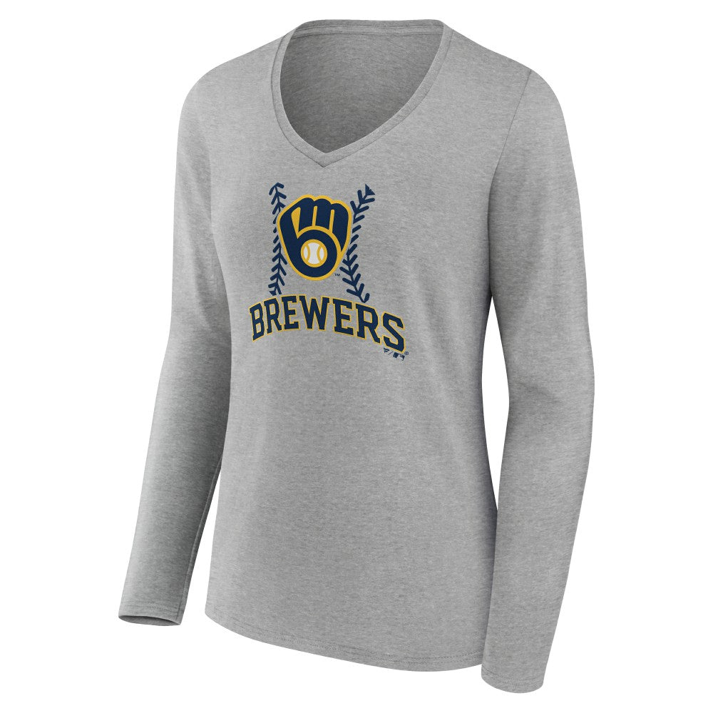 Gray Milwaukee Brewers Women's Personalized Name & Number Fastball Long Sleeve V-Neck T-Shirt