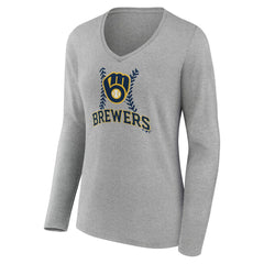Gray Milwaukee Brewers Women's Personalized Name & Number Fastball Long Sleeve V-Neck T-Shirt