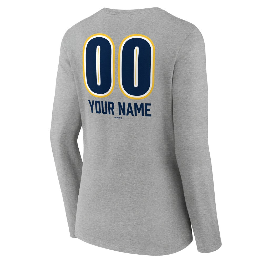 Gray Milwaukee Brewers Women's Personalized Name & Number Fastball Long Sleeve V-Neck T-Shirt