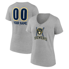 Gray Milwaukee Brewers Women's Personalized Name & Number Fastball V-Neck T-Shirt