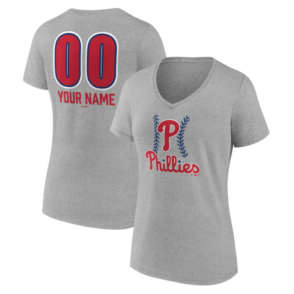 Gray Philadelphia Phillies Women's Personalized Name & Number Fastball V-Neck T-Shirt
