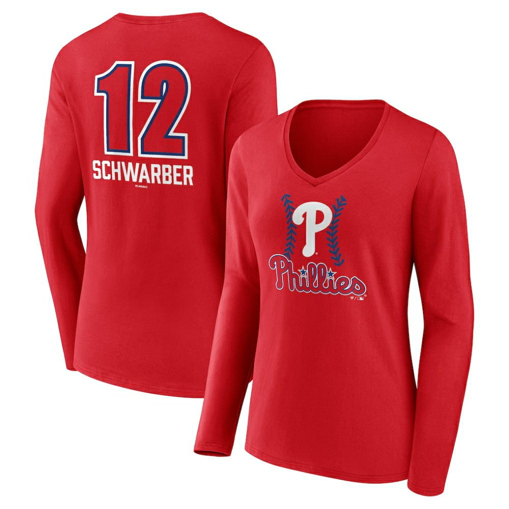 Red Kyle Schwarber Philadelphia Phillies Women's Fastball Player Name & Number Long Sleeve V-Neck T-Shirt
