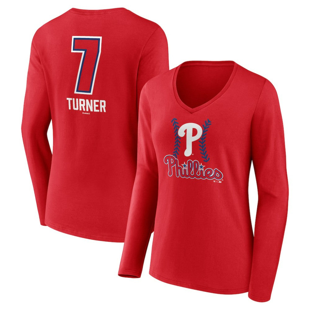 Red Trea Turner Philadelphia Phillies Women's Fastball Player Name & Number Long Sleeve V-Neck T-Shirt