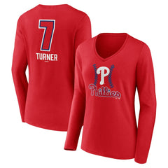 Red Trea Turner Philadelphia Phillies Women's Fastball Player Name & Number Long Sleeve V-Neck T-Shirt