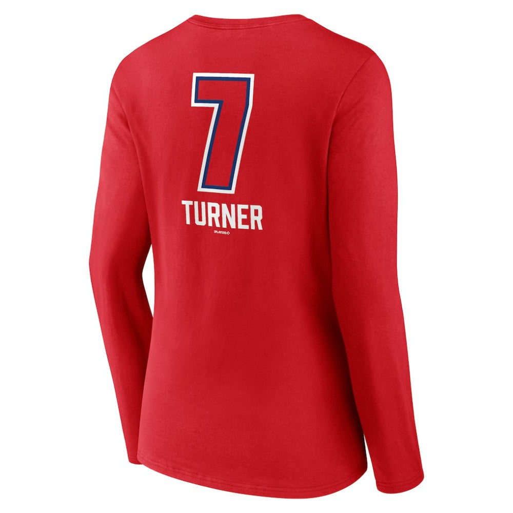 Red Trea Turner Philadelphia Phillies Women's Fastball Player Name & Number Long Sleeve V-Neck T-Shirt