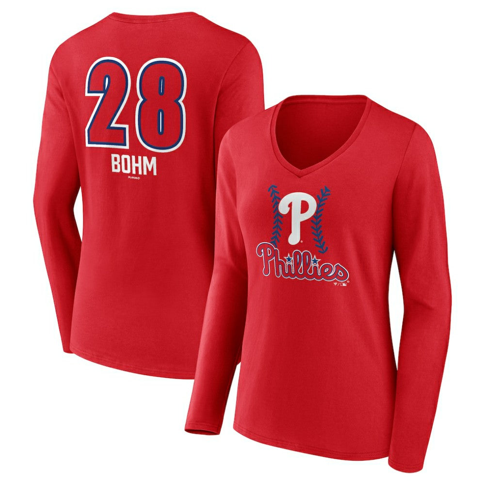 Red Alec Bohm Philadelphia Phillies Women's Fastball Player Name & Number Long Sleeve V-Neck T-Shirt