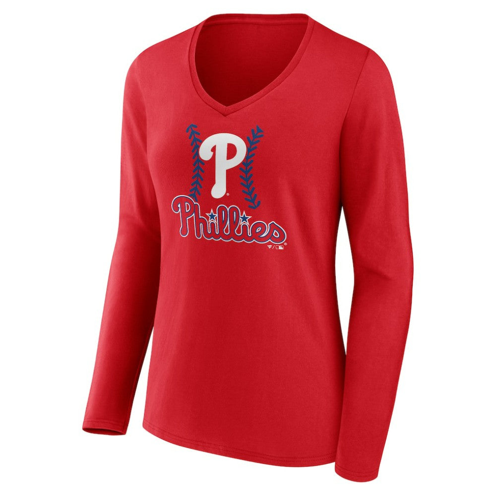 Red Alec Bohm Philadelphia Phillies Women's Fastball Player Name & Number Long Sleeve V-Neck T-Shirt