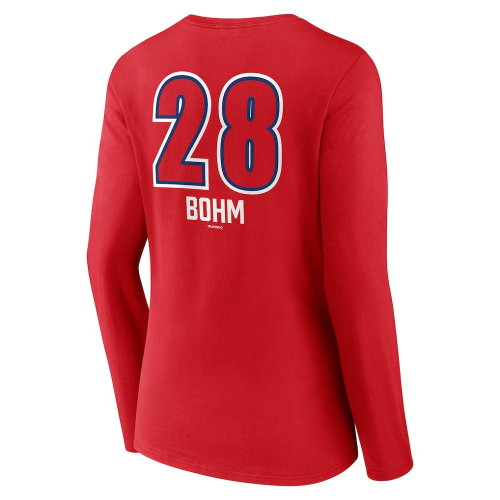 Red Alec Bohm Philadelphia Phillies Women's Fastball Player Name & Number Long Sleeve V-Neck T-Shirt