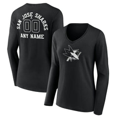 NHL San Jose Sharks Women's Personalized Name & Number Monochrome Long Sleeve V-Neck T-Shirt