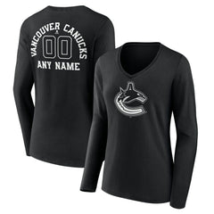 NHL Vancouver Canucks Women's Personalized Name & Number Monochrome Long Sleeve V-Neck T-Shirt