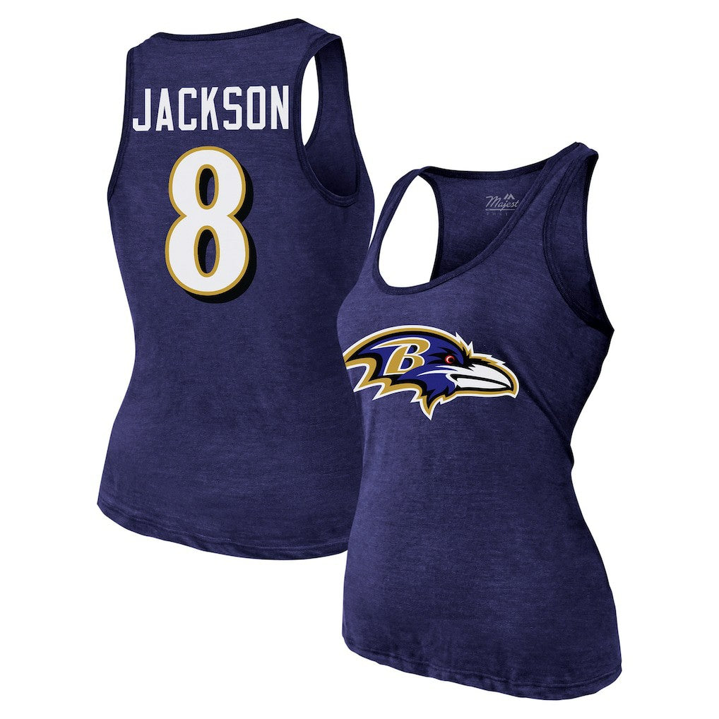 Lamar Jackson  Majestic Threads Women's Name & Number Tri-Blend Tank Top - Baltimore Ravens Tops